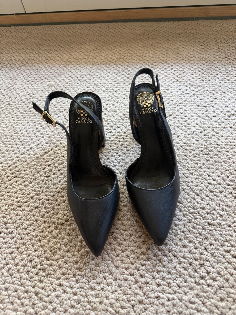 Vince Camuto Black Pointed Slingback Heels with Gold Buckles